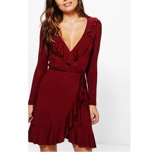 NWOT Boohoo Fran Ruffle Tie Wrap Tea Dress